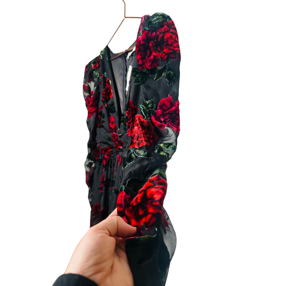 RACHEL PARCELL Black Red Floral Burnout A-Line Plunge Neckline Dress Size 0 - Picture 8 of 16
